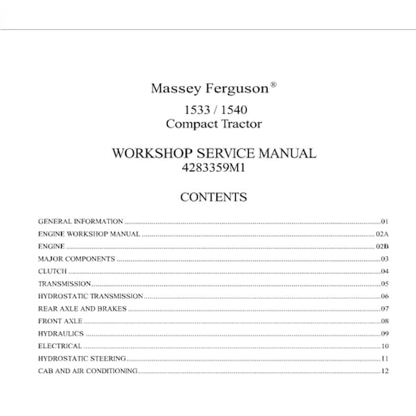 Workshop Manual for Compact Tractor Massey Ferguson 1533 / 1540