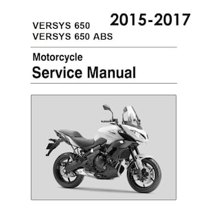 Op de afbeelding: Zwart-witte afbeelding van een Kawasaki Versys 650 motorfiets. De motorfiets heeft een windscherm, zadeltassen en een passagierszitje. De tekst "2015-2017" staat bovenaan de afbeelding. De tekst "Versys 650" en "Versys 650 ABS" staat onder de datum. De tekst "Motorfiets Servicehandleiding" staat onder de modelnamen.