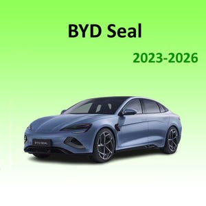 May include: A light blue BYD Seal saloon car with black detailing and black wheels. The text "BYD Seal" and "2023-2026" are displayed on a green background. The car has a modern, streamlined design.
