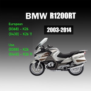 Puede incluir: Una motocicleta BMW R1200RT plateada y marrón. La imagen incluye el texto "BMW R1200RT" y "2003-2014". Texto adicional indica la compatibilidad de los modelos europeos y estadounidenses.