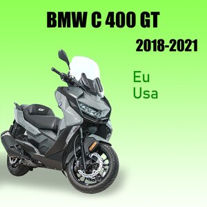 以下が含まれることがあります： 黒いシートとタイヤを備えた、グレーのBMW C 400 GTスクーター。 スクーターにはフロントガラスがあり、画像には「BMW C 400 GT 2018-2021」というテキストが表示されています。 画像には「Eu Usa」というテキストも含まれています。