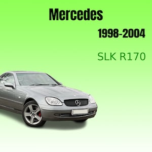 Puede incluir: Un Mercedes-Benz SLK R170 convertible plateado, un roadster de dos puertas, con una parrilla negra y una placa de matrícula negra. El coche está sobre un fondo verde con el texto "Mercedes 1998-2004 SLK R170" encima.