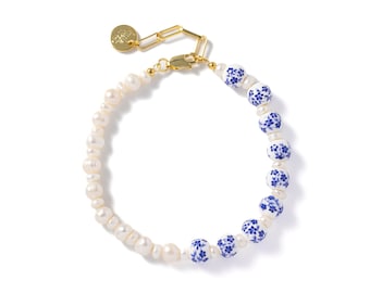 Floral pearl bracelet 18K gold plated / 925 sterling silver / individual length / real freshwater pearls / flowers porcelain / Delft design