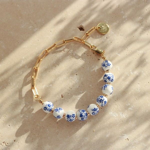 Florales Armband mit bemalten Perlen aus Porzellan - 18K vergoldet oder 925 Sterling Silber / individuelle Länge / Delfter Design