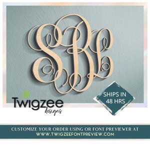 May include: A wooden monogram with the letters "SBL" in a decorative script font. The monogram is cut out of a light brown wood and is set against a light blue background. The text "Twigzee designs" is visible at the bottom of the image.