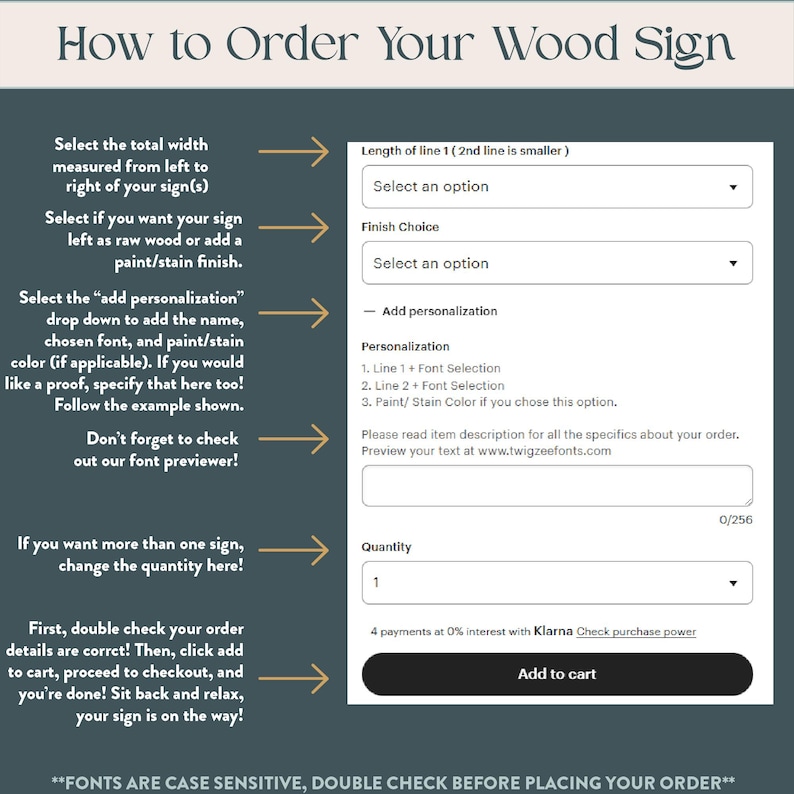 The image is a step-by-step guide on how to order a wood sign, providing instructions on selecting the total width, the length of the line, and the finish choice. It also includes a form for adding personalization and a font selection, as well as instructions for placing the order and making a purchase. The image is designed to be clear and concise, avoiding redundancy and focusing on the essential information needed for the user to complete the ordering process.