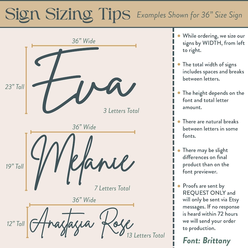 examples of 36" size signs, including the names Eva and Anastasia Rose, with their respective font sizes and widths.