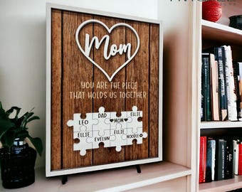 Family Puzzle Piece Sign, Wood, Custom Names (Mom or Grandma Centerpiece)