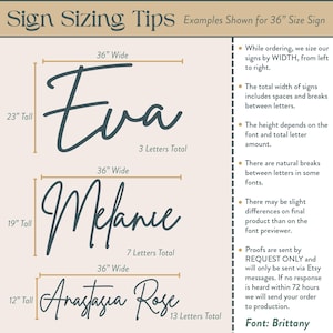 examples of 36" size signs, including the names Eva and Anastasia Rose, with their respective font sizes and widths.