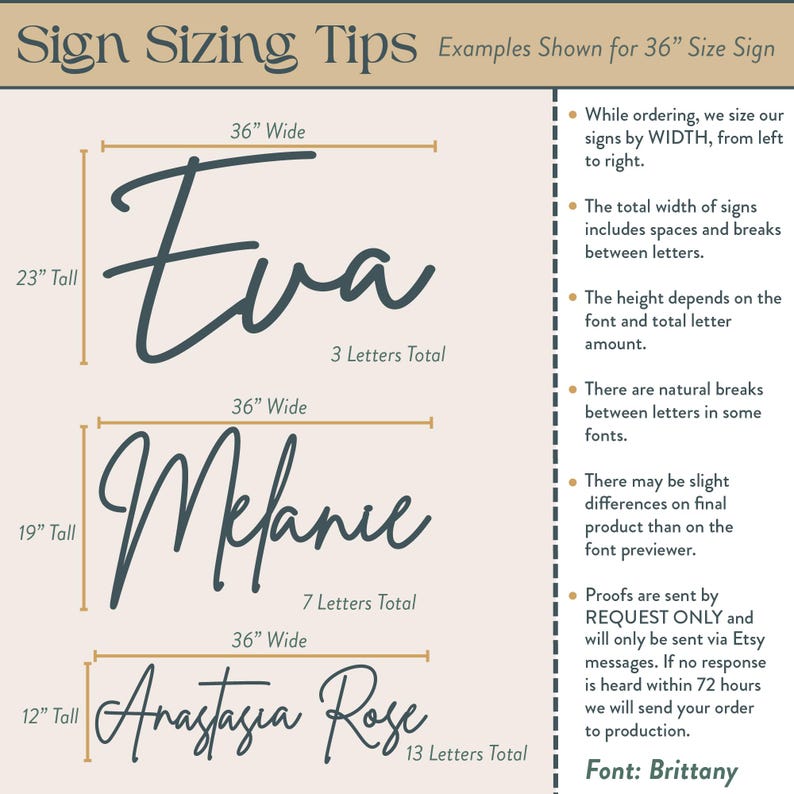 examples of 36" size signs, including the names Eva and Anastasia Rose, with their respective font sizes and widths.