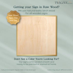 The image is an advertisement for TWIGZEE Designs, showcasing a close-up of a raw wood sign with a gold star sticker. The text on the image provides information about the use of natural Baltic birch wood for wooden signs, and encourages viewers to see the color they are looking for. The text also mentions that the natural wood grain may be visible on raw wood signs and that colors may vary on different screens.