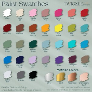 The image is a color swatch from TWIGZEE Designs, showcasing a variety of paint swatches for different colors and finishes.