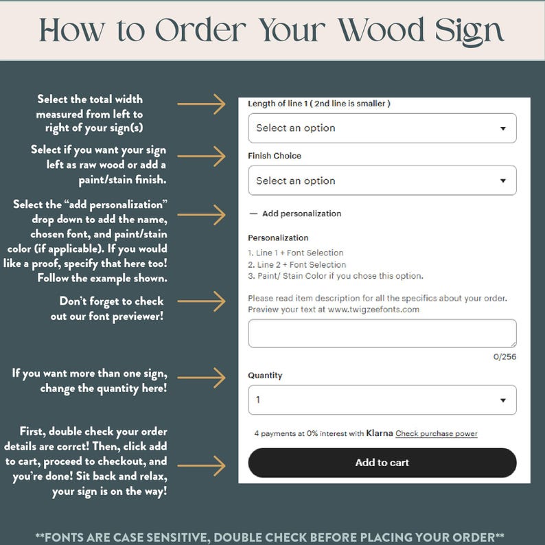 The image is a step-by-step guide on how to order a wood sign, providing instructions on selecting the total width, the length of the line, and the finish choice. It also includes a form for adding personalization and a font selection, as well as instructions for placing the order and making a purchase. The image is designed to be clear and concise, avoiding redundancy and focusing on the essential information needed for the user to complete the ordering process.