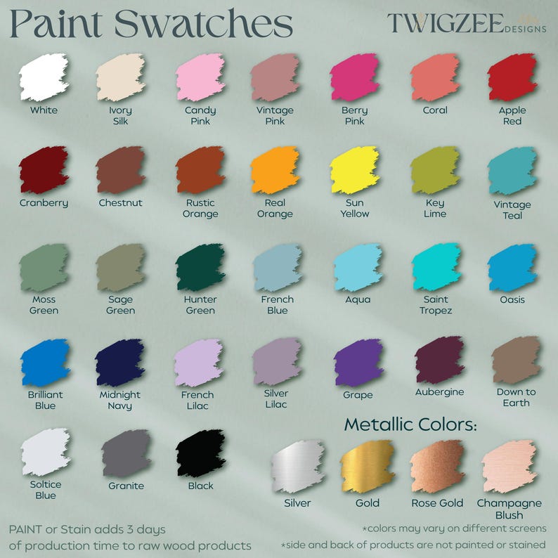 The image is a color swatch from TWIGZEE Designs, showcasing a variety of paint swatches for different colors and finishes.