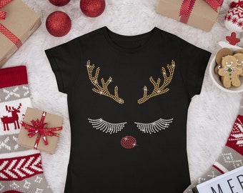 Christmas Reindeer Rhinestone Shirt, Holiday tshirts, Women's bling T-shirts