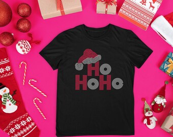 Christmas Rhinestone Shirt, Santa Hat Tee, Holiday Bling