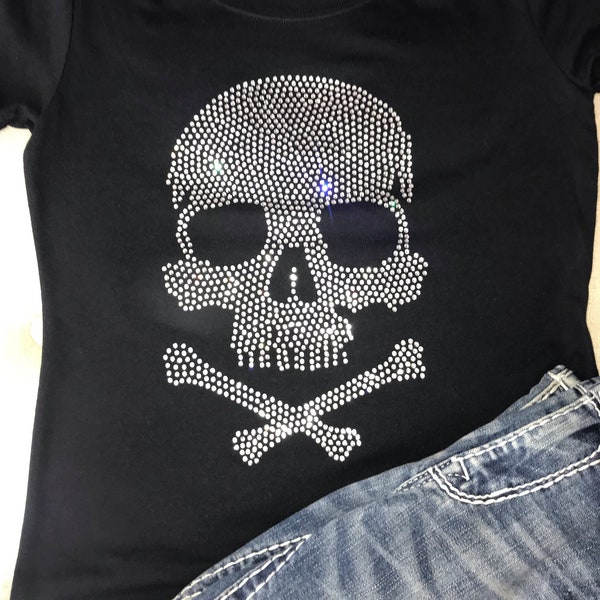 Skull and Bones Rhinestone Shirt, Heavy Metal Tshirt, Women's Bling shirt