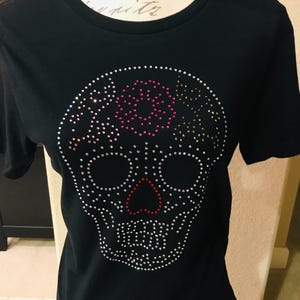Skull Shirt, Women&#39;s Rhinestone Tshirt, Sugar Skull, Halloween Shirt, Day of the Dead, Dia de los Muertos