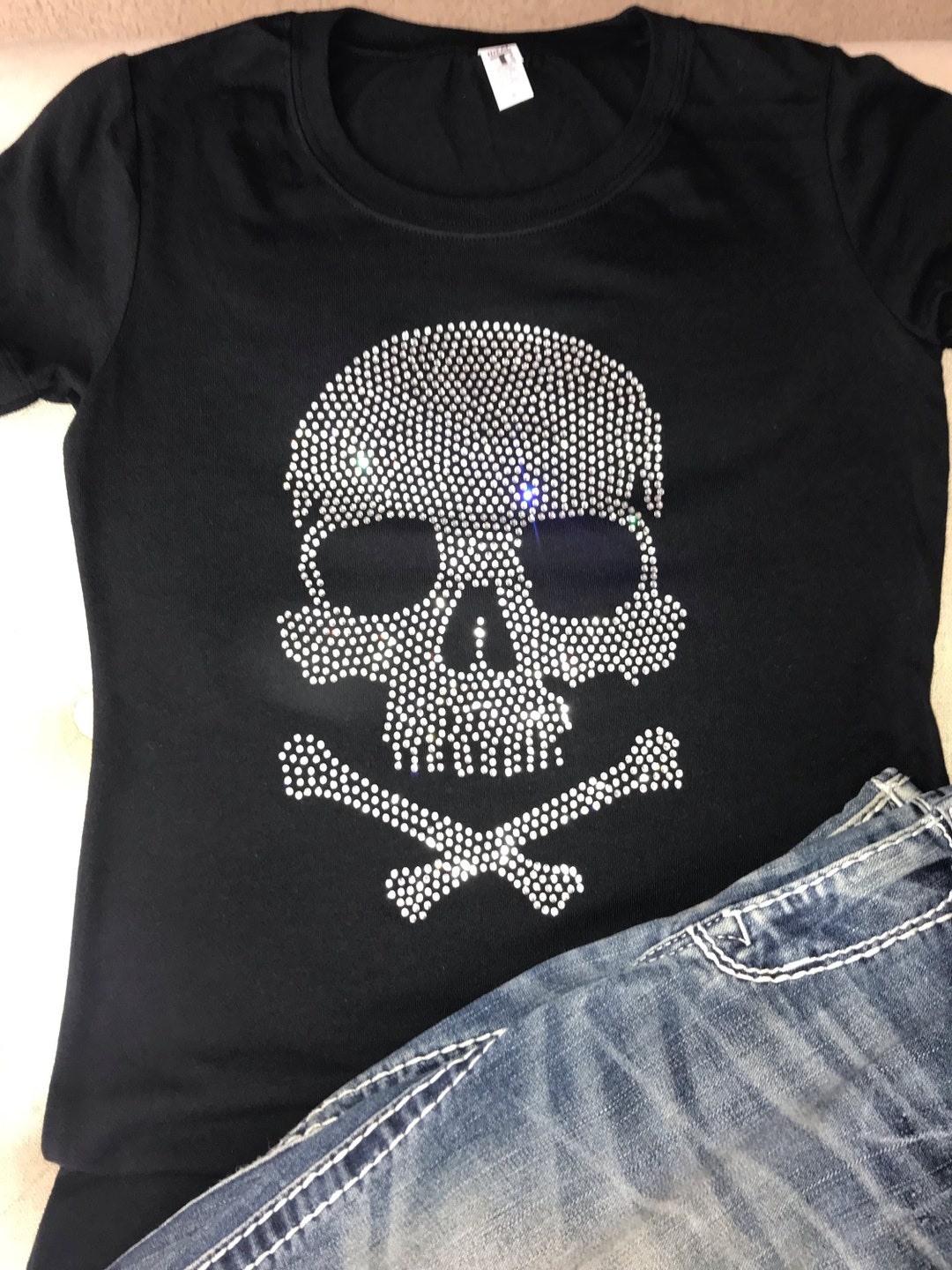Skull and Bones Rhinestone Shirt, Heavy Metal Tshirt