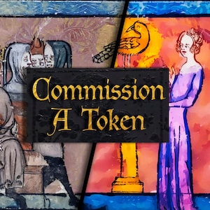 May include: A medieval-style illustration depicting a group of people in a throne room, with a woman standing in front of a golden pillar and a bird with a sun-like halo. The text "Commission A Token" is superimposed on the image.