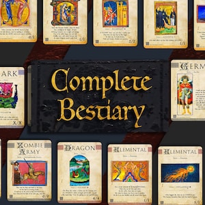 May include: A collection of illustrated fantasy cards, featuring creatures like angels, zombies, and dragons. The cards have a medieval aesthetic with detailed artwork and text. The title "Complete Bestiary" is displayed prominently.