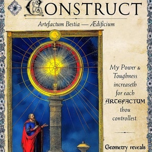 以下が含まれることがあります： 太陽の光が放射状に広がるコンパスのヴィンテージイラスト。コンパスは、太陽から光線が放射状に広がる青い空に囲まれています。画像の上部には「CONSTRUCT Artefactum Bestia - Ædificium」というテキストがあります。画像の右側には「My Power & Toughness increaseth for each ARTEFACTUM thou controllest.」というテキストがあります。画像の右下には「Geometry reveals beauty first, truth second.」というテキストがあります。画像の左下には「The Mirror of Science. France, ca. 1450. Republic, Book VII. Plato, ca. 375 BCE. The Cultic Bestiary, MMXXIV.」というテキストがあります。画像の右下には「0/0」というテキストがあります。