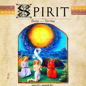 Può includere: Un'illustrazione vintage che rappresenta una scena della storia di Faust. Un uomo inginocchiato davanti a un angelo alato e un demone alato. L'angelo tiene un rotolo e il demone ha un'espressione oscura e minacciosa. Il testo dice "BUON SPIRITO. Oh, Faust, metti da parte quel libro maledetto, E non guardarlo, perché non ti tentare l'anima! SPIRITO MALVAGIO. Avanti, Faust, in quell'arte famosa Dove si trova tutto il tesoro della Natura."