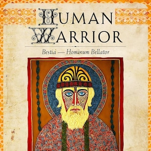 Könnte beinhalten: Eine digitale Illustration eines Kriegers mit Bart und Krone. Der Krieger ist in einem Mosaik-Stil mit einem roten, blauen und gelben Farbschema dargestellt. Der Text "HUMAN WARRIOR" befindet sich oben im Bild. Der Text "Bestia - Hominum Bellator" befindet sich unter dem Krieger. Der Text "Northmen came to Lindisfarne, laid everything waste, trampled the holy places with polluted steps, dug up the altars, and seized all the treasures of the holy church." befindet sich unten im Bild. Der Text "Acta Sanctorum Martii. Antwerp, ca. 1510. Historia Regum. Symeon of Durham, 1129. The Cultic Bestiary, MMXXIII." befindet sich unter dem Text. Der Text "1/1" befindet sich in der unteren rechten Ecke des Bildes.