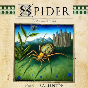 May include: An illustration of a spider with a golden body and intricate black markings. The spider is set against a backdrop of a green meadow with a castle in the distance. The text "SPIDER" is written in a decorative font at the top of the image, along with the words "Bestia - Aranea" and "Natura - SALIENT".