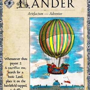 May include: An illustrated card featuring a colorful hot air balloon over a grand building. The card has text that reads "HANDER" and "Artefactum - Adventor". Additional text describes the card's function. The image is framed with a floral border.
