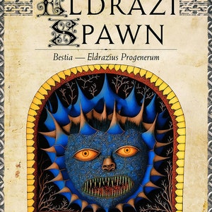 Peut inclure: Carte d'art fantastique avec une créature bleue aux yeux oranges et aux dents pointues. La carte est intitulée "Eldrazi Pawn" avec du texte en police ancienne. L'œuvre est encadrée d'une bordure jaune et marron, avec le texte "Should thou, in thy cruelty, sacrifice me..." en bas.