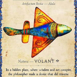 May include: A vintage illustration of a flying machine, with a yellow, red, and blue design. The text reads "HOPTER", "Artefactum Bestia - Alula", "Natura - VOLANT", and "In a hidden place, where wisdom and art conspire, the philosopher made a device that did traverse the air, animated by a concealed aura or spirit."