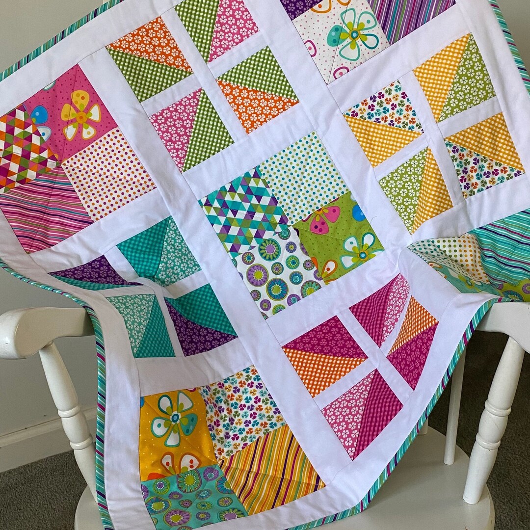 Handmade Modern Baby Quilt, Multicolor, Gender Neutral, Cotton Quilt