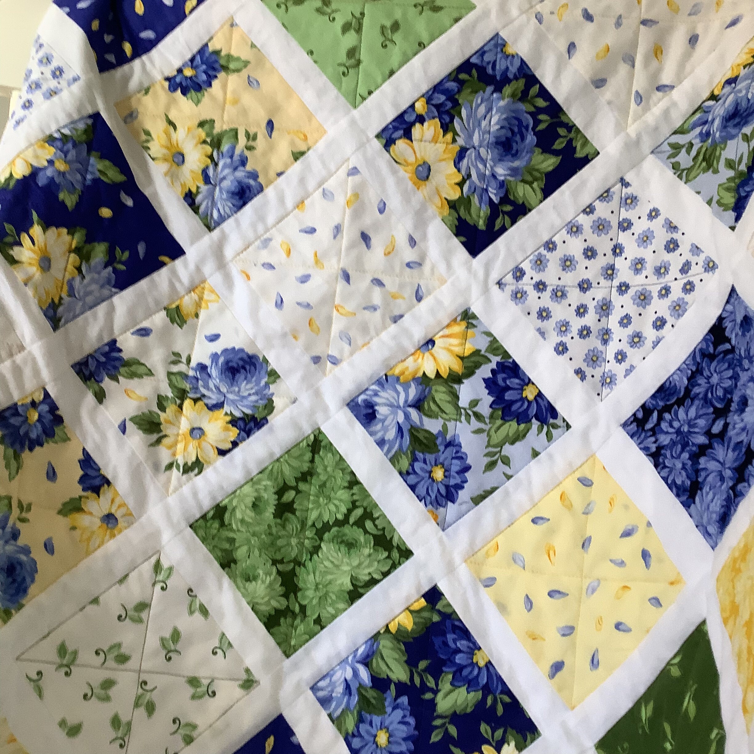 Blue and Yellow Floral Quilt Throw. Handmade. Spring Colors Etsy