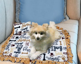 Pet Blanket AND Pillow - Bark Woof Front - Tan Back - Small - 21x26" - Dog/Cat Blanket - Anti Pill Cuddly Fleece - Two Layers - Stuff-able