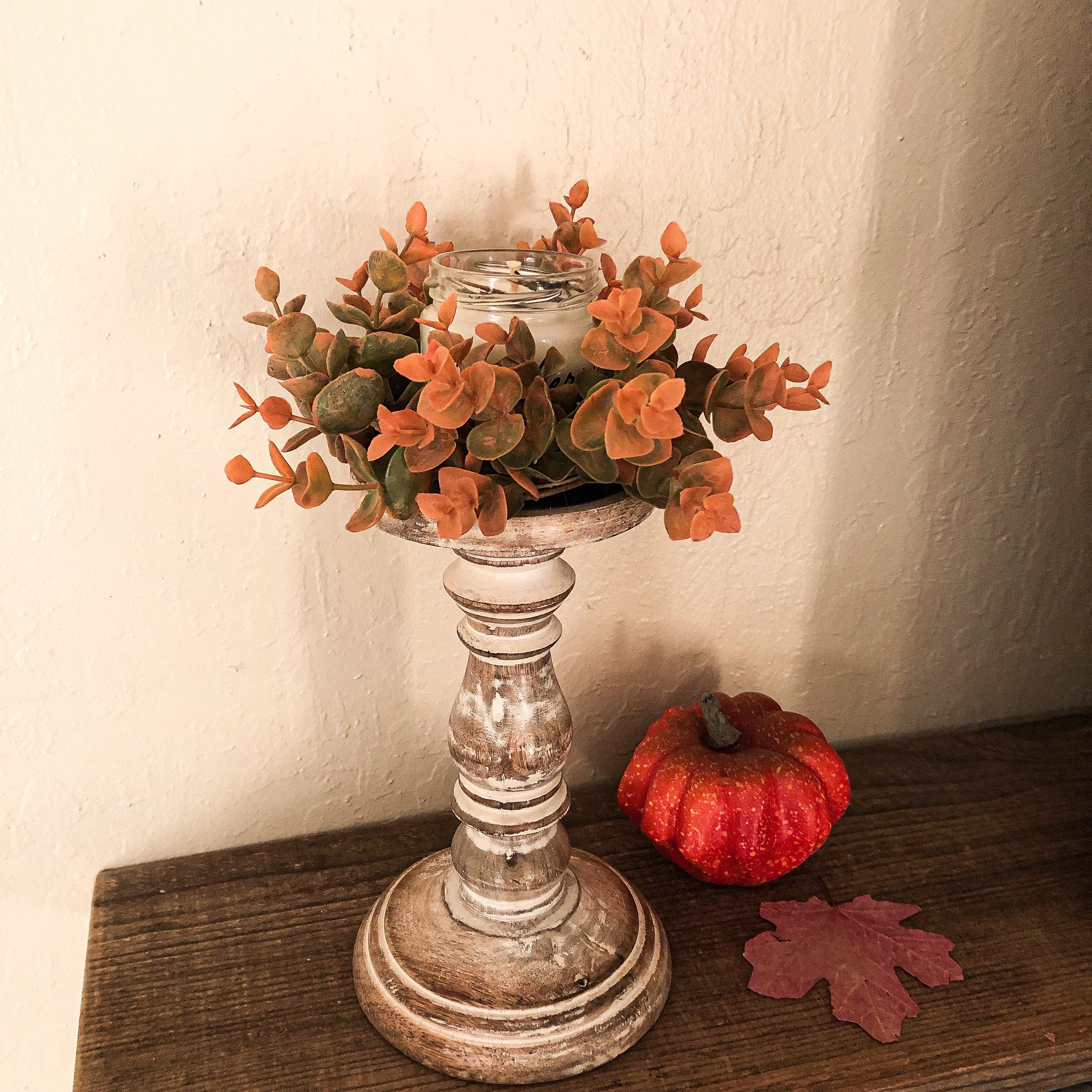 Fall Flower Candle Ring with Faux Orange Flowers that look Dried 