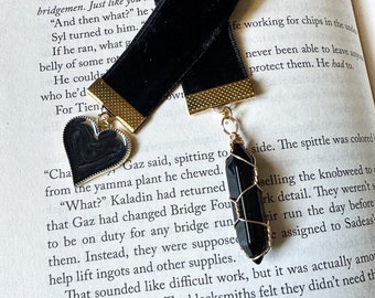 Heart Ribbon Bookmark, Crystal Lover, Book Accessories, Bookstagram, Bookworm Gift, Gifts Under 15, Black Gold Bookmark, Crystal Bookmark