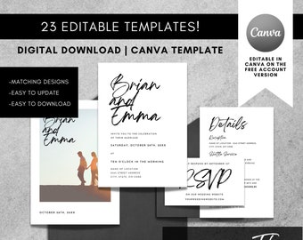 Editable Wedding Signage Canva templates - The Minimalist Bundle. Invitation, Save the Date, RSVP, Welcome Sign, Program, Menu, MORE!