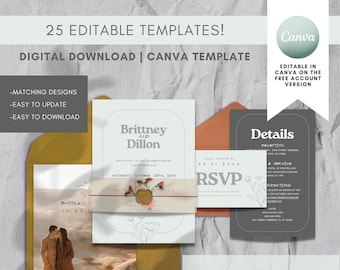Editable Wedding Signage Canva templates - The Minimalist Retro Bundle. Invitation, Save the Date, RSVP, Welcome Sign, Program, Menu, MORE!