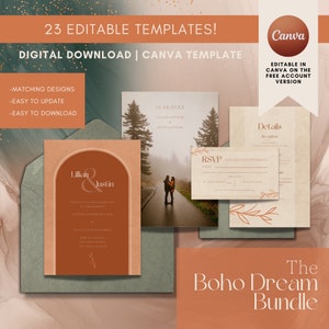 May include: A set of 23 editable wedding invitation templates in a boho style with a rustic brown and green color scheme. The templates include an invitation, RSVP card, and details card. The text on the invitation reads "Lillian & Justin".