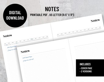 Notes planner, Left Binding insert, Right Binding insert, Printable PDF, US Letter, Instant download.