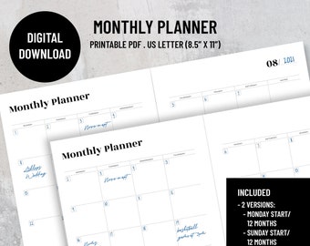 Monthly planner, 12 Months, Inside spread, Printable PDF, US Letter, Instant download.