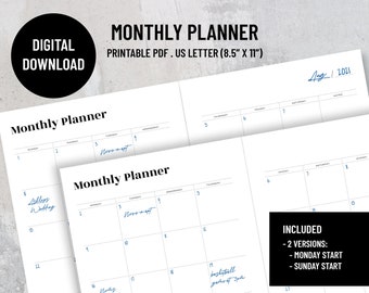 Monthly planner, blank, Inside spread, Printable PDF, US Letter, Instant download.