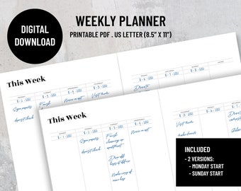 Weekly planner, Inside Spread, 1 week on two pages, Left Binding insert, Right Binding insert, Printable PDF, US Letter, Instant download.