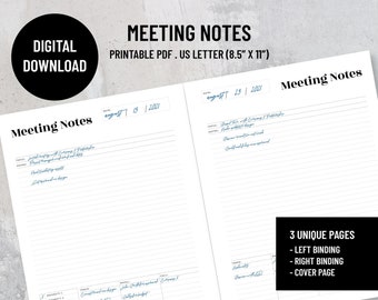 Meeting Notes planner, Left Binding insert, Right Binding insert, Printable PDF, US Letter, Instant download.
