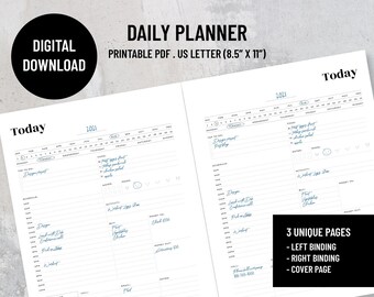 Daily planner pages, Left Binding insert, Right Binding insert, Printable PDF, US Letter, Instant download.