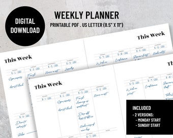 Weekly planner, 1 week on one page, Left Binding insert, Right Binding insert, Printable PDF, US Letter, Instant download.