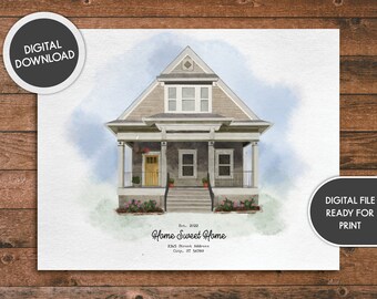 Custom Digital Watercolor House Portrait, Personalized Housewarming Gift, First Home Gift, Realtor Closing Gift, Home Portrait