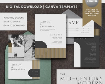Editable Wedding Signage Canva templates - The Mid-Century Modern Bundle. Invitation, Save the Date, RSVP, Welcome Sign, Program, MORE!