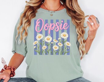 Oopsie Daisy T-Shirt | Daisies on Blue Stripes, Pink Script